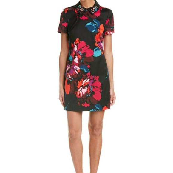 Trina Turk Womens Black Bright Floral Print Jeweled Collar Shift Dress 10 - Picture 11 of 11